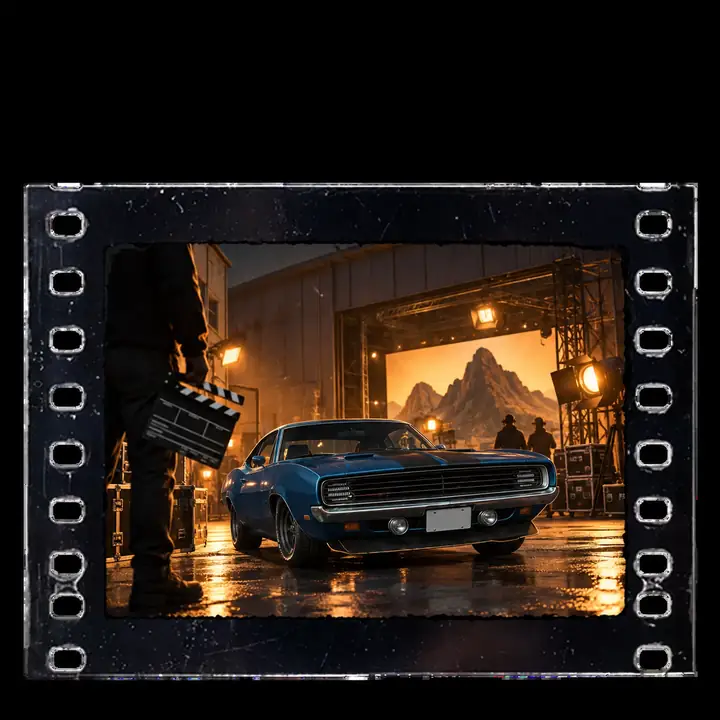 Blaues Muscle-Car in einer Film-Previs-Szene