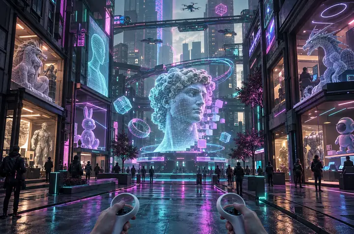 Cyberpunk-VR-Stadtstraße, durch ein Headset betrachtet