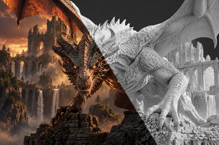 Fantasiedrache als gerendertes Modell und weiße Tonskulptur