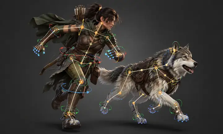 ヒューマノイドと犬の3Dモデルにリギングとアニメーションを適用