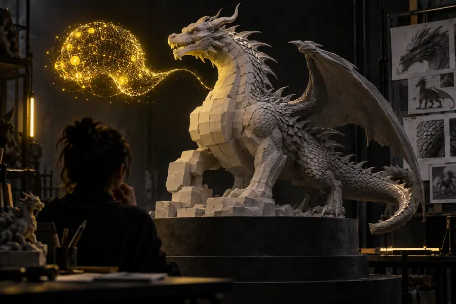 Prompt de texto representado junto a un resultado inicial de modelo 3D