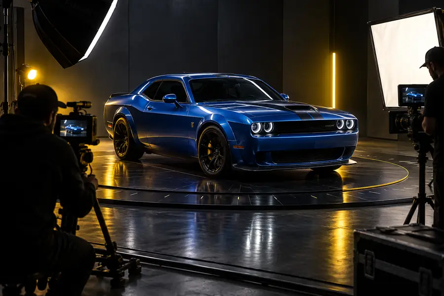 Blue muscle car in a cinematic 3D previsualization scene