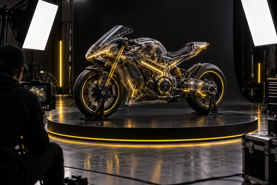 Futuristic translucent motorcycle 3D campaign concept